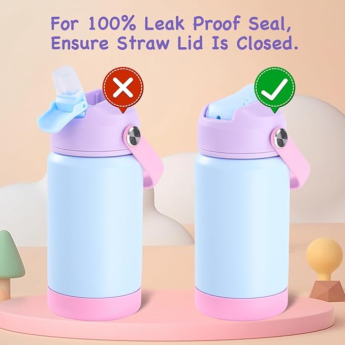 Kerilyn 12oz Kids Water Bottle 2 Pack, Stainless Steel Insulated Water Bottle Bulk, Toddler Cups with Straws Leak-Proof, Kids Water Bottles for School Boys Girls, Cerulean + Charm Pink 2 Piece Set