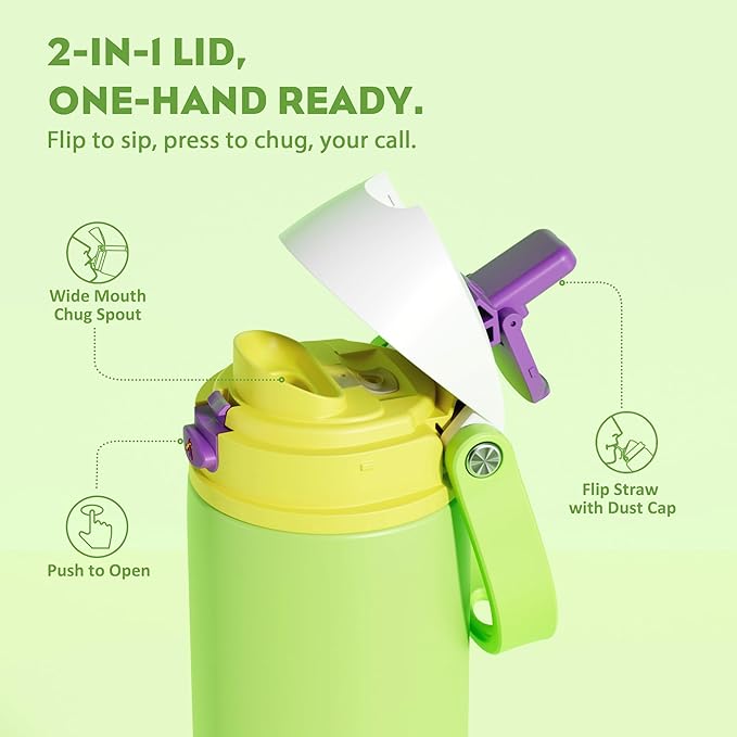 POWCAN 18 oz Insulated Water Bottle: 2-in-1 Push-Button Spout & Quick-Flip Straw, Leakproof, Cold 24Hrs, Lockable, Fits Car Cup Holder, Stainless Steel Cup for Sports, Travel, Daily Use (Scare School)