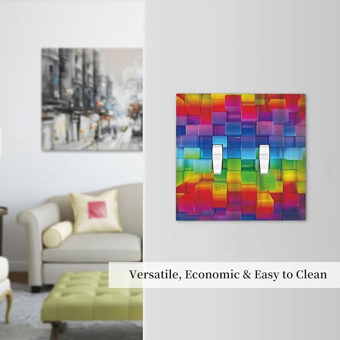 3D Colorful Rainbow Wall Abstract Squre Shaped Double Toggle Light Switch Covers Decorative Unique 2 Gang Wall Plate Dual Electrical Faceplate Switchplate for Bathroom Living Room Decor