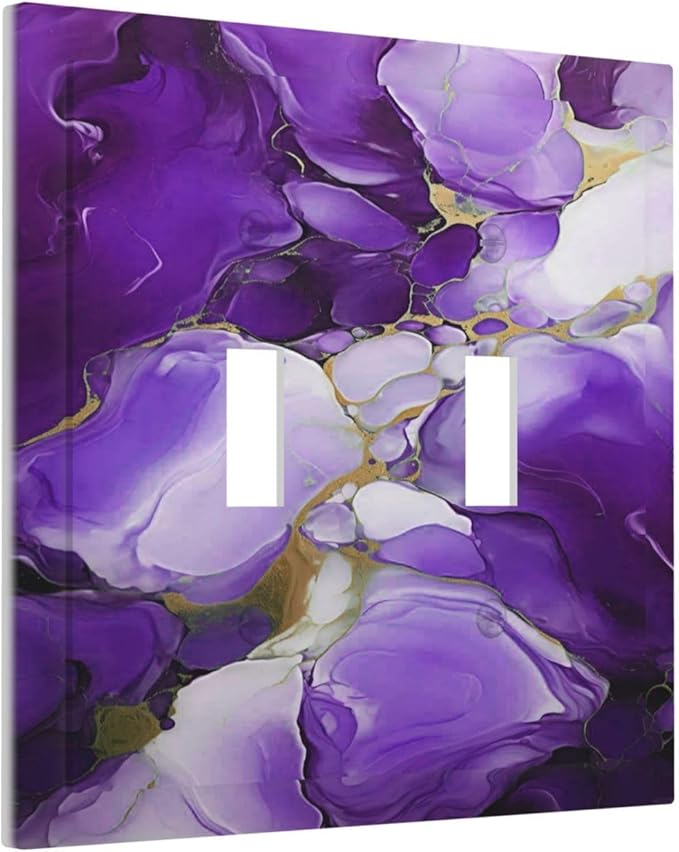 Decorative Light Switch Cover Abstract Luxury Purple Gold Marble Textures 2 Gang Wall Plate Oversized Double Toggle Two Switch Wall Cover Dual Device Electrical Face Plate