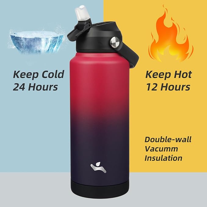 Konokyo Insulated Water Bottle with Straw Lid,32 oz Stainless Steel Vacuum Metal Bottle with Silicone Handle,Rosy Red