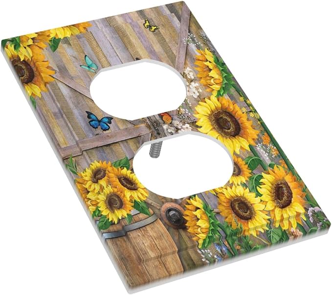 Rustic Sunflower Barn Door Wood Plank 1 Gang Outlet Plate Decorative Single Duplex Wall Plate Covers Electrical Receptacle Light Switch Cover Art Faceplate Switchplate for Farmhouse Bathroom Decor