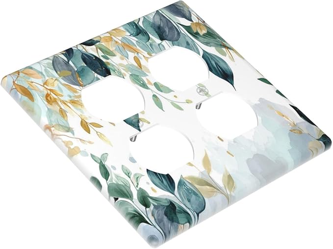 Boho Goldgreen Leaf Botanical Eucalyptus Leaves Outlet Covers 2 Gang Double Duplex Decorative Light Switch Covers Electrical Wallplates Socket Faceplate for Bedroom Living Room Decor
