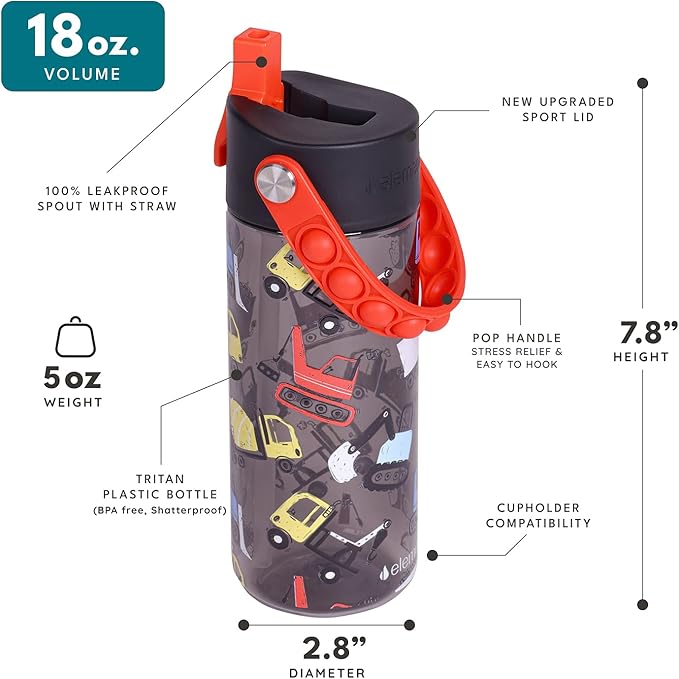 Elemental Water Bottles for Kids - Splash Kids Water Bottle for School with Pop-it Handle - BPA Free Tritan Plastic Water Bottle with Straw Leak Proof when Spout is Closed - Construction - 18oz