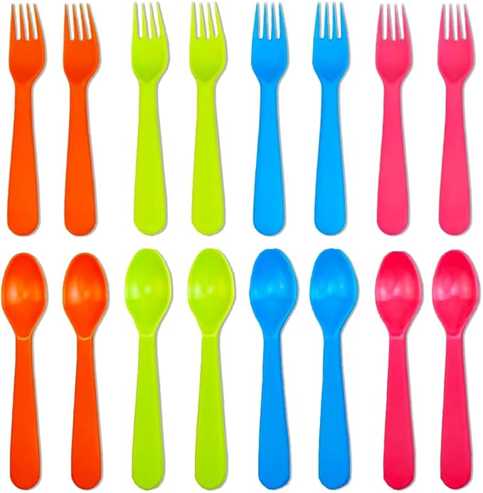 Jawbush 16 Pcs Kids Utensils, Plastic Kids Forks and Spoons, Reusable Toddler Utensils, Durable Flatware Set for Lunch Box, Easy to Use, BPA Free