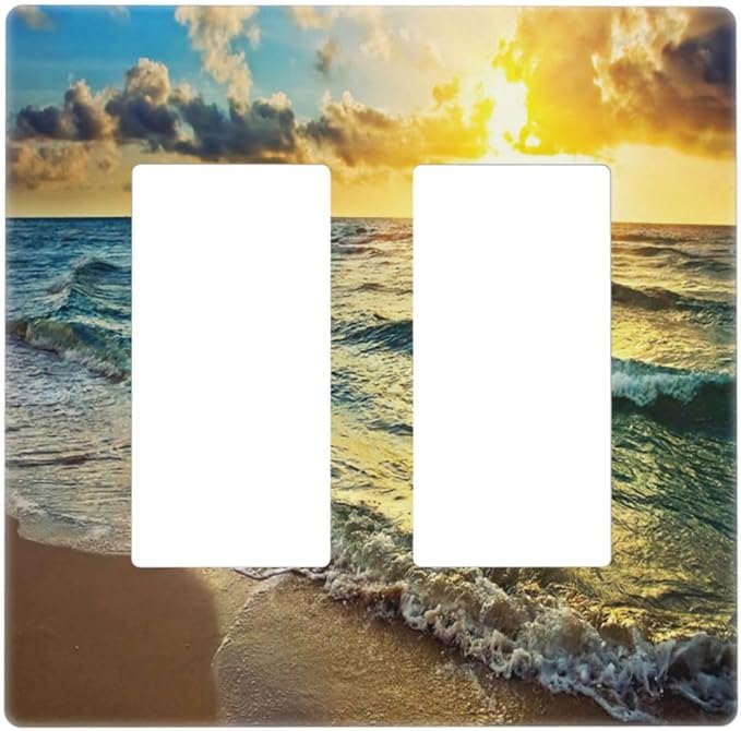 Sea Ocean Beach Sun Wave Sunrise 2 Gang Double Rocker/Decora Light Switch Cover Decorative Outlet Wall Plate Electrical Faceplate Home Family Art Decor Screwless