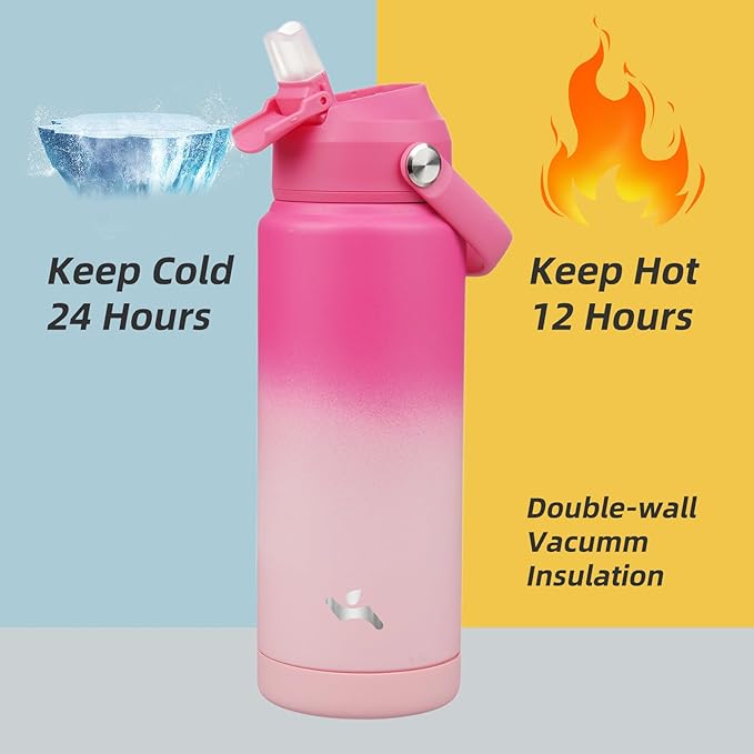 Konokyo Insulated Water Bottle with Straw Lid,24 oz Stainless Steel Vacuum Metal Bottle with Silicone Handle,Cherry Blossom