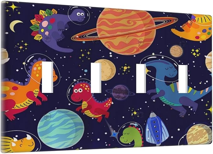 Galaxy Starry Astronaut Dinosaur 4 Gang Device Light Switch Cover Decorative Quad Toggle Wall Plate Decorative Electrical Faceplate for Home Bedroom Art Decorate