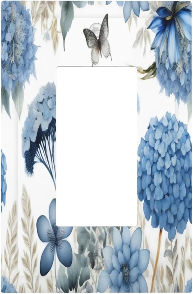 Blue Floral Hydrangea Floral Butterfly Flower Plant Decorative Outlet Covers 1 Gang Single Rocker Light Switch Cover Plate Wall Plates GFCI Faceplate for Bedroom Living Room Decor