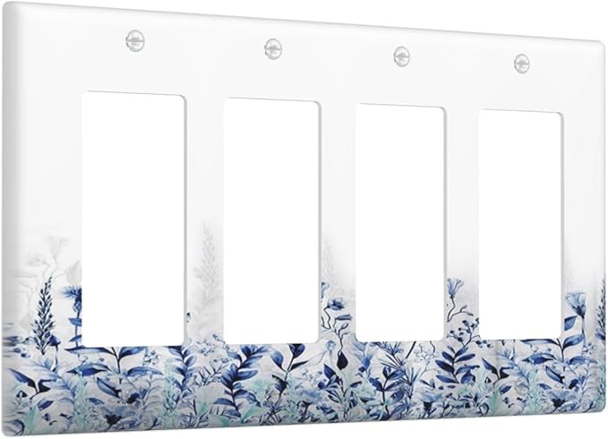 Decorative Outlet Covers Rustic Blue Plants Wildflowers Boho Leaves 4 Gang Wall Plate Cover Quad Rocker Decora Light Switch Covers Plate Jumbo Electrical GFCI Switch Plate Cover