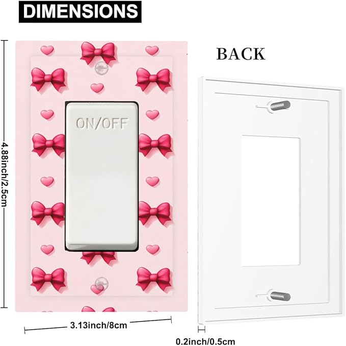 Pink Bow & Heart Single Rocker Switch Cover - 1-Gang Standard US Size Preppy Coquette Light Switch Covers, Sweetheart Girly Pattern for Girls Room