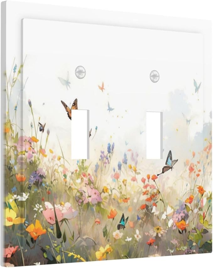 Wildflowers Watercolor Floral Colorful Butterfly Decorative Switch Plates 2 Gang Double Toggle Outlet Light Switch Cover Wall Plate Electrical Faceplate for Farmhouse Bed Room Decor