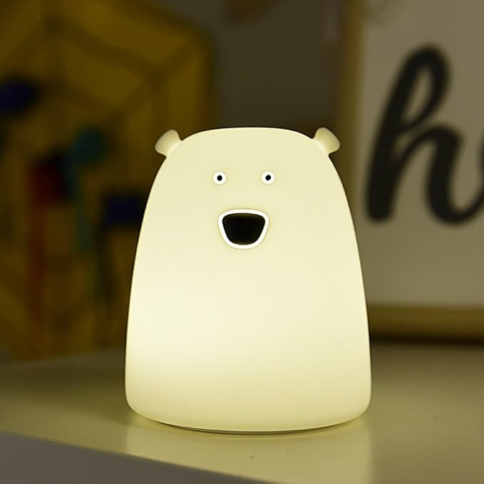 Portable Silicone LED Cartoon Night Light for Kids USB Rechargeable, Warm/White Light, 7-Color Changeable Light, Cute Children Night Lamp for Baby, Bedroom and Nursery (Bear)