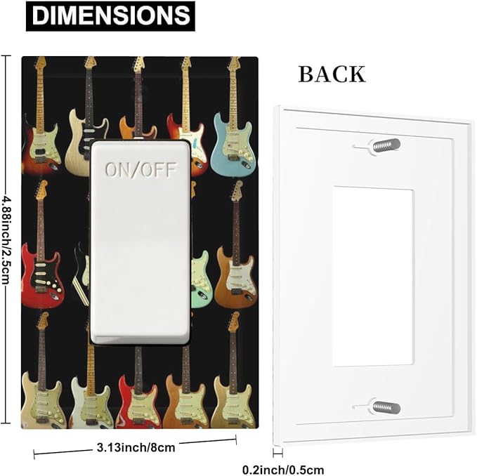 Vintage Electric Guitar Collection Single Rocker Switch Cover - 1-Gang Standard US Size Rock & Roll Guitar Light Switch Covers for Music Studio Decor