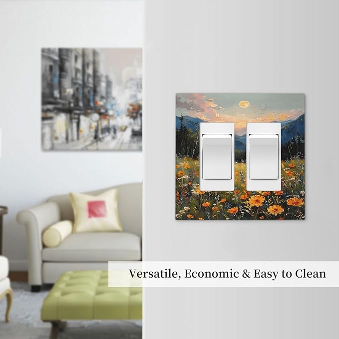 Sunset Wild Flower Field Floral Nature Landscape Decorative Outlet Covers 2 Gang Double GFCI Rocker Electrical Wall Panels Light Switch Cover Plate for Farmhouse Bedroom Decor