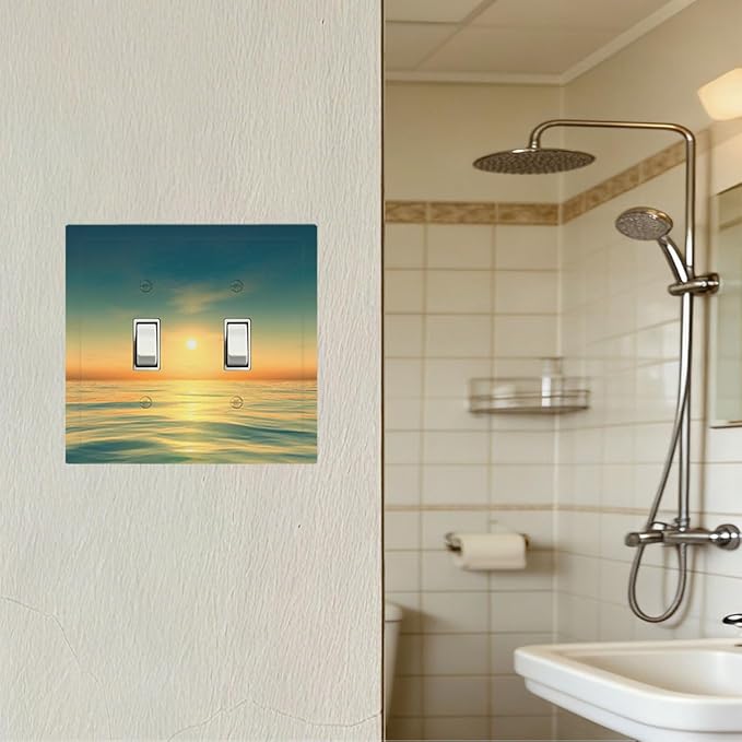 Serene Coastal Sunset Double Toggle Switch Cover - 2-Gang Standard US Size Minimalist Ocean Landscape Design Light Switch Covers for Bathroom Decor