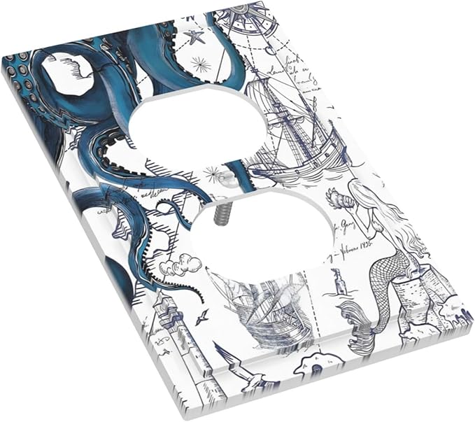 Nautical Vintage Map Octopus Mermaid Lighthouse Boat Outlet Covers 1 Gang Duplex Light Switch Cover Decorative Switch Plates Electrical Receptacle Faceplate Wall Plate for Bathroom Kids Room Decor