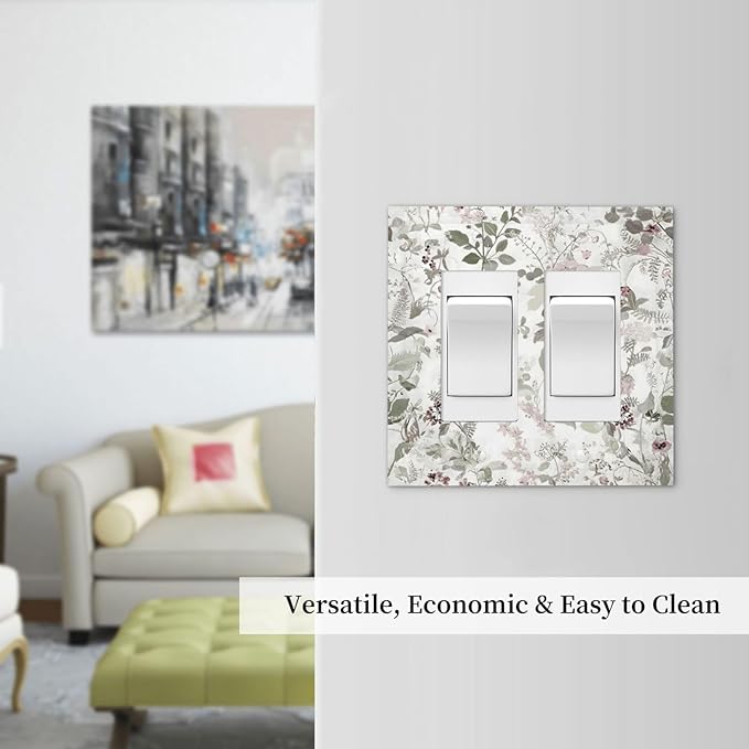 Boho Floral Leaf Vintage Watercolor Flower Decorative Outlet Covers 2 Gang Double GFCI Rocker Electrical Wall Panels Light Switch Cover Plate for Farmhouse Bedroom Decor