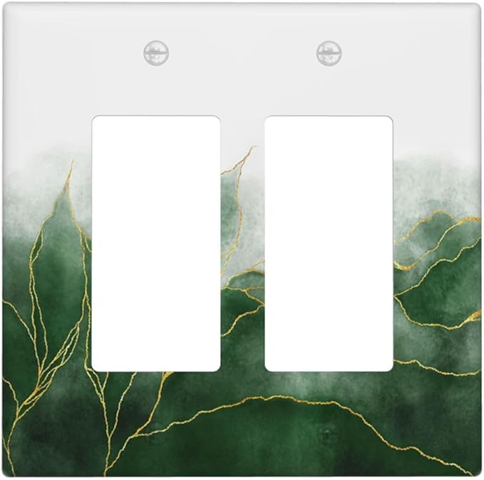 Decorative Outlet Covers Green Gold Leaf Marble Modern Abstract 2 Gang Double Rocker Light Switch Cover Decorative Switch plates Electrical Wallplates GFCI Receptacle for Kitchen Bathroom