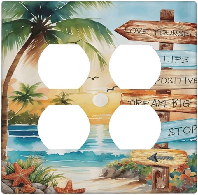 Tropical Beach Palm Tree Summer Coastal Ocean Sunset Outlet Covers 2 Gang Double Duplex Decorative Light Switch Covers Electrical Wallplates Socket Faceplate for Bedroom Living Room Decor