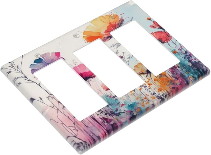 Triple Rocker Switch Cover Plates, Multicolor Floral Watercolor Flowers, GFCI Outlet Covers, Decorative Receptacle Cover for Bathroom, Home Decor