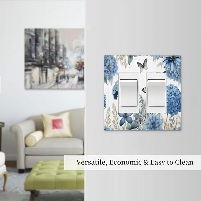 Blue Floral Hydrangea Floral Butterfly Flower Plant Decorative Outlet Covers 2 Gang Double GFCI Rocker Electrical Wall Panels Light Switch Cover Plate for Bedroom Living Room Decor