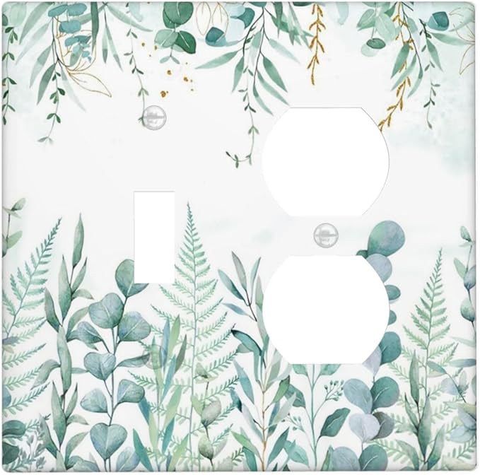 Boho Green Eucalyptus Leaf Floral Sage Flower Wallplates 1 Toggle 1 Duplex Switch Plate Electrical GFCI Faceplate Decorative Light Switch Covers for Bedroom Living Room Decor