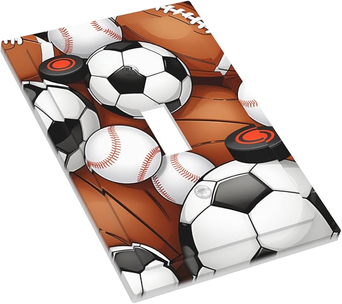 All-Star Sports Balls Collage 1-Gang Toggle Light Switch Plate, Football Baseball Soccer Game Day Themed Decorative Wall Plate for Boy's Bedroom