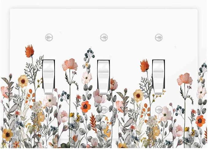 Decorative Switch Plates Colorful Wildflowers Boho Vintage Floral 3 Gang Wall Plate Triple Toggle Light Switch Cover Faceplate Electrical Wall Panels For Bed Room Living Room Decor