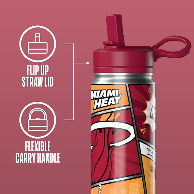 Hydrapeak x NBA Miami Heat 20 oz Stainless Steel Water Bottle, Officially Licensed Double Wall Insulated Sports Bottle with Straw Lid, Reusable Leakproof Gift for Kids & Adults