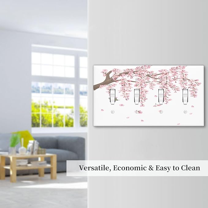 Pink Flower Tree Branch Cherry Blossom Tree Floral Birds Light Switch Covers Quad Toggle Electrical Faceplate 4 Gang Wall Plate Decorative Switch Plates Cover for Bedroom Living Room Decor