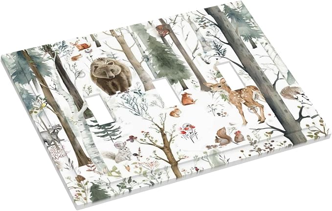 Snow Bear Fox Deer Forest Squirrel Wild Life Animal Decorative Switch Plates 3 Gang Wall Plate Triple Toggle Light Switch Cover Faceplate Electrical Wall Panels for Farmhouse Kids Room Decor