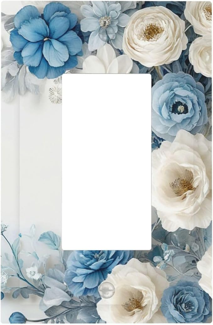 Decorative Outlet Covers Blue Rose White Flowers Rustic Floral 1 Gang Single Decora GFCI Device Light Switch Covers Plate 1 Rocker Wall Plate Jumbo Face Plate for Bedroom Decor
