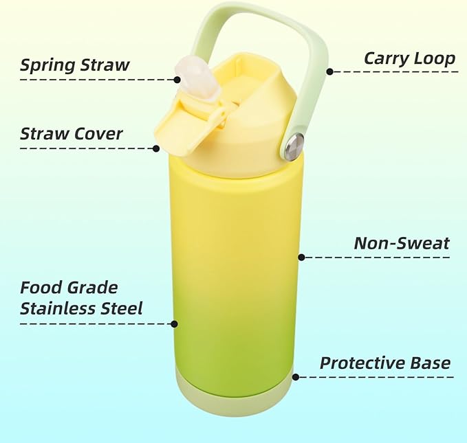 Konokyo Insulated Water Bottle with Straw Lid,18 oz Stainless Steel Vacuum Metal Bottle with Silicone Handle,Lime