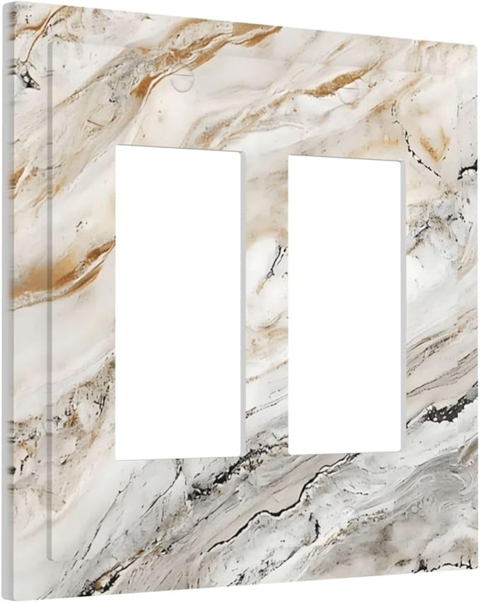 Matte Beige Gold Marble Granite Abstract Print Decorative Outlet Covers 2 Gang Double GFCI Rocker Electrical Wall Panels Light Switch Cover Plate for Bathroom Kitchen Decor