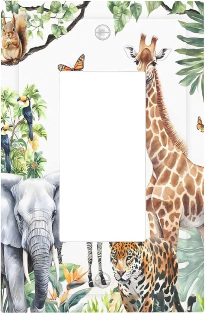 Elephant Giraffe Jungle Animals Leopard Zoo Decorative Outlet Covers 1 Gang Single Rocker Light Switch Cover Plate Wall Plates GFCI Faceplate for Kids Room Nursery Decor