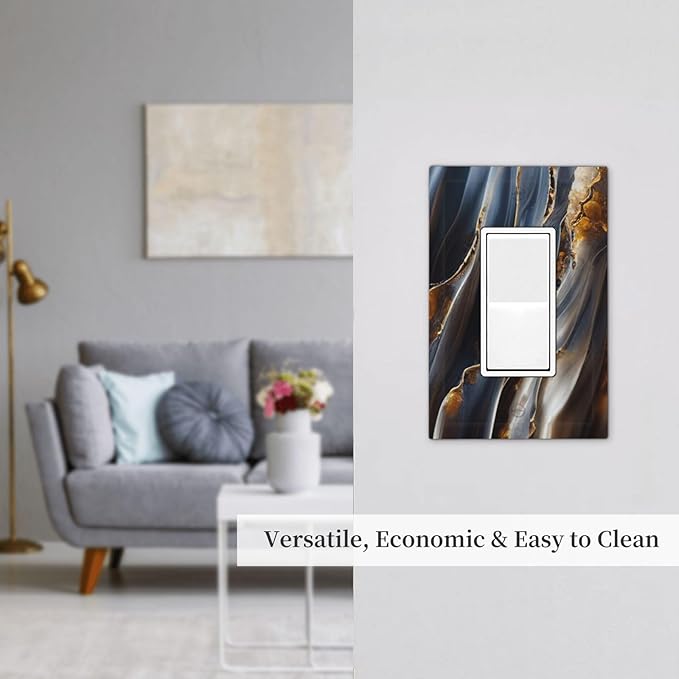 Gradient Abstract Ripple Blue Gold Marble Printed 1 Gang Rocker Light Switch Covers Single Decora Outlet Wall Plate Decorative Switchplate Faceplate GFCI for Kitchen Bathroom Bedroom Decor