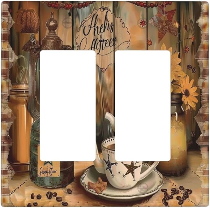 Decorative Outlet Covers Vintage Coffee Pot Star Farmhouse Wood Plank 2 Gang Wall Plate Double Rocker Decora Light Switch Cover Plate Jumbo Dual Electrical GFCI Switch Plate Cover