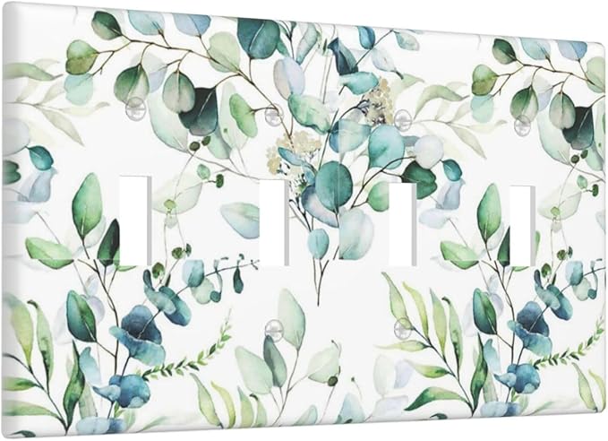 Green Olive Sage Eucalyptus Leaves Decorative 4 Gang Quad Toggle Light Switch Cover Electric Large Size Quadruple Faceplate Decorative Switch Face Wallplate