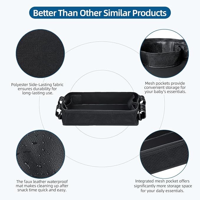 Stroller Snack Tray Compatible with Wonderfold Wagon - Upgraded with Extra Thick Base, Waterproof Faux Leather Sides & Side Mesh Pockets for Added Durability (W2 Series Thickened)