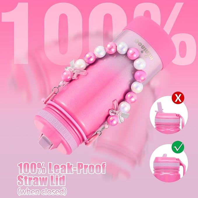 Mininoo Kids Water Bottle for School - 16 oz Stainless Steel Insulated Water Bottle with Ceramic-Lined, Leakproof Straw Lid & Beaded Handle for Girls & Boys