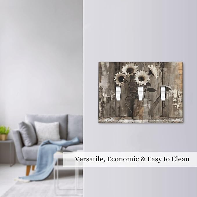 Rustic Floral Country Sunflower Daisy Old Wooden Boards Decorative Switch Plates 3 Gang Wall Plate Triple Toggle Light Switch Cover Faceplate Electrical Wall Panels for Farmhouse Home Decor