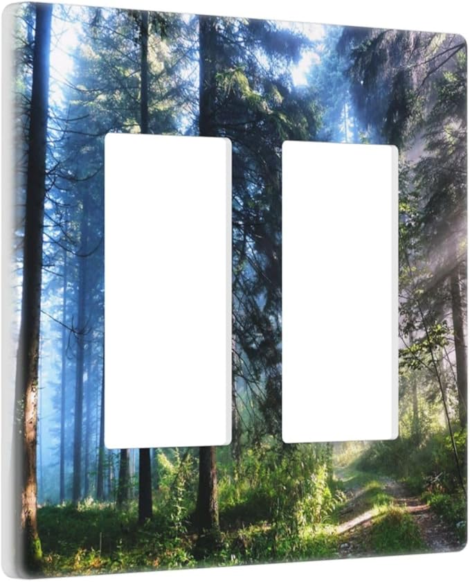 Green Landscape Forest Tree 2 Gang Double Rocker/Decora Light Switch Cover Decorative Outlet Wall Plate Electrical Faceplate Home Family Art Decor Screwless