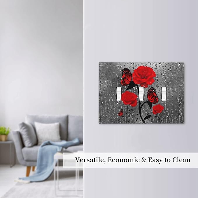 Butterfly Red Rose Flower 3 Gang Triple Toggle Light Switch Wall Plate Cover Decorative Electrical Faceplate For Girls Bathroom Home Living Room Decorate 6.7" x 4.8