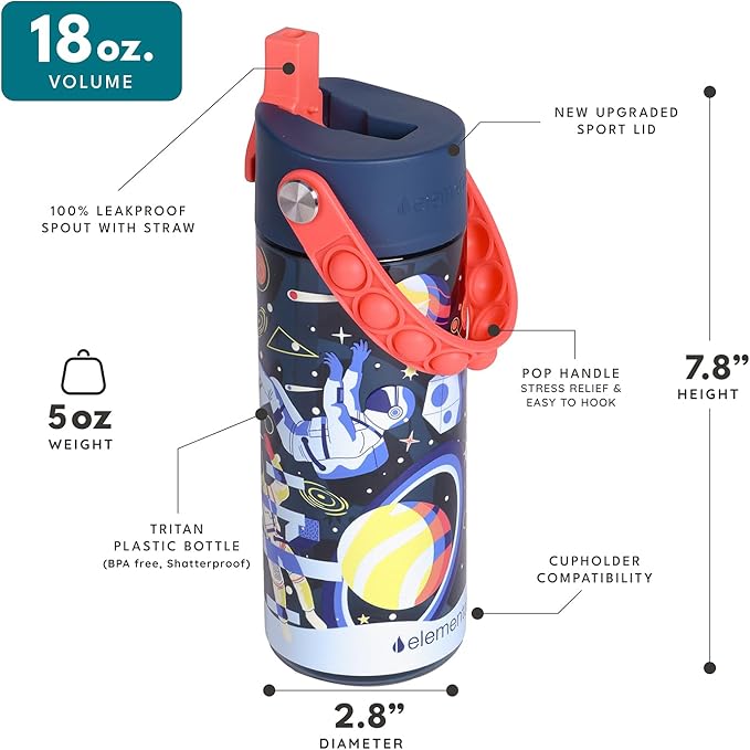 Elemental Water Bottles for Kids - Splash Kids Water Bottle for School with Pop-it Handle - BPA Free Tritan Plastic Water Bottle with Straw Leak Proof when Spout is Closed - Space - 18oz