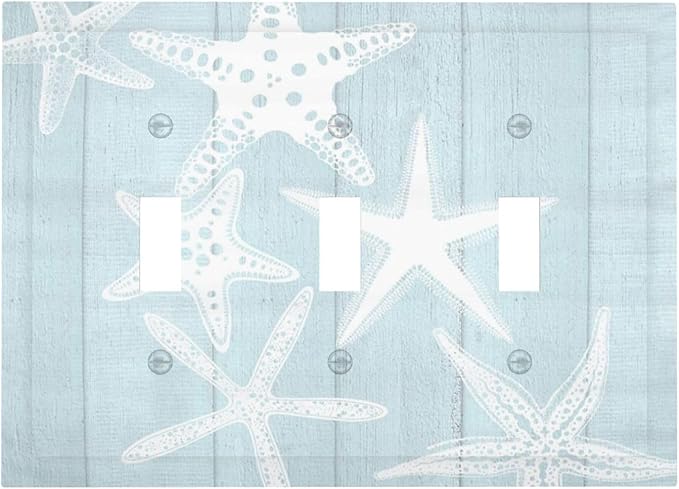 Beach Starfish Vintage Wood Rustic Country Ocean Decorative Switch Plates 3 Gang Wall Plate Triple Toggle Light Switch Cover Faceplate Electrical Wall Panels for Farmhouse Kids Room Decor