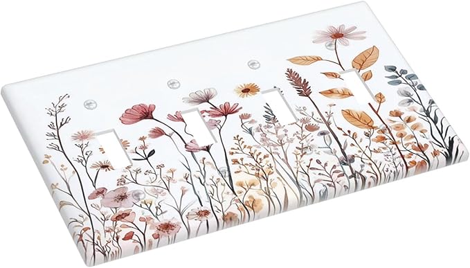 Light Switch Covers Spring Floral Pink Wildflower Leaves Plants Quad Toggle Electrical Faceplate 4 Gang Wall Plate Decorative Switch Plates For Home Bed Room Decor