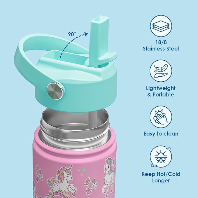 SANDJEST Kid Water Bottle 12oz with Straw Lid - 2-Pack Insulated Stainless Steel Water Bottles for Kids Girls - Travel Cup for School Sports, Unicorn & Mermaid