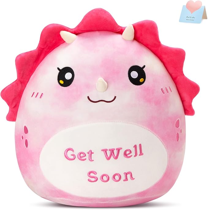WEWILL 12'' Get Well Soon Dinosaur Soft Plush Pillow, Pink Triceratops Stuffed Animal Toy Gifts for Toddler Kids Boys Girls