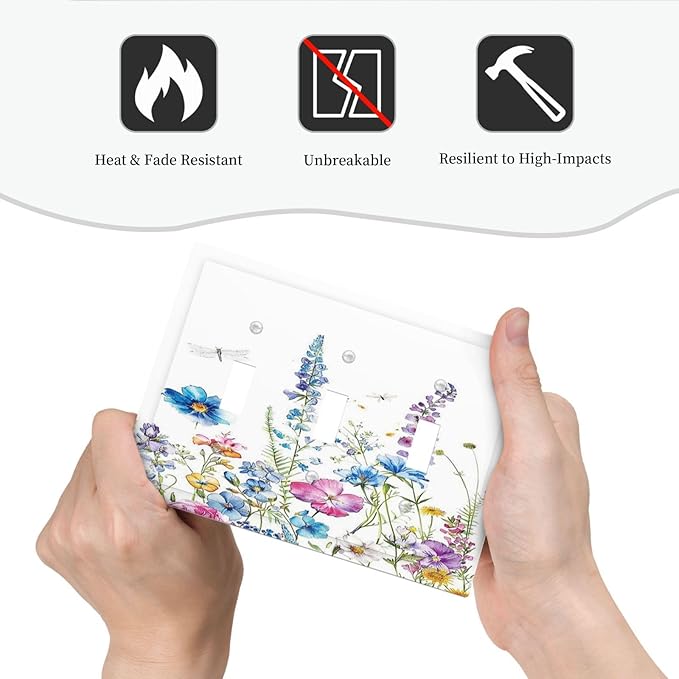 Decorative Switch Plates Boho Colorful Flowers Plants And Dragonflies 3 Gang Wall Plate Faceplate Triple Toggle Light Switch Cover Electrical Wall Panels for Bedroom living Room Decor